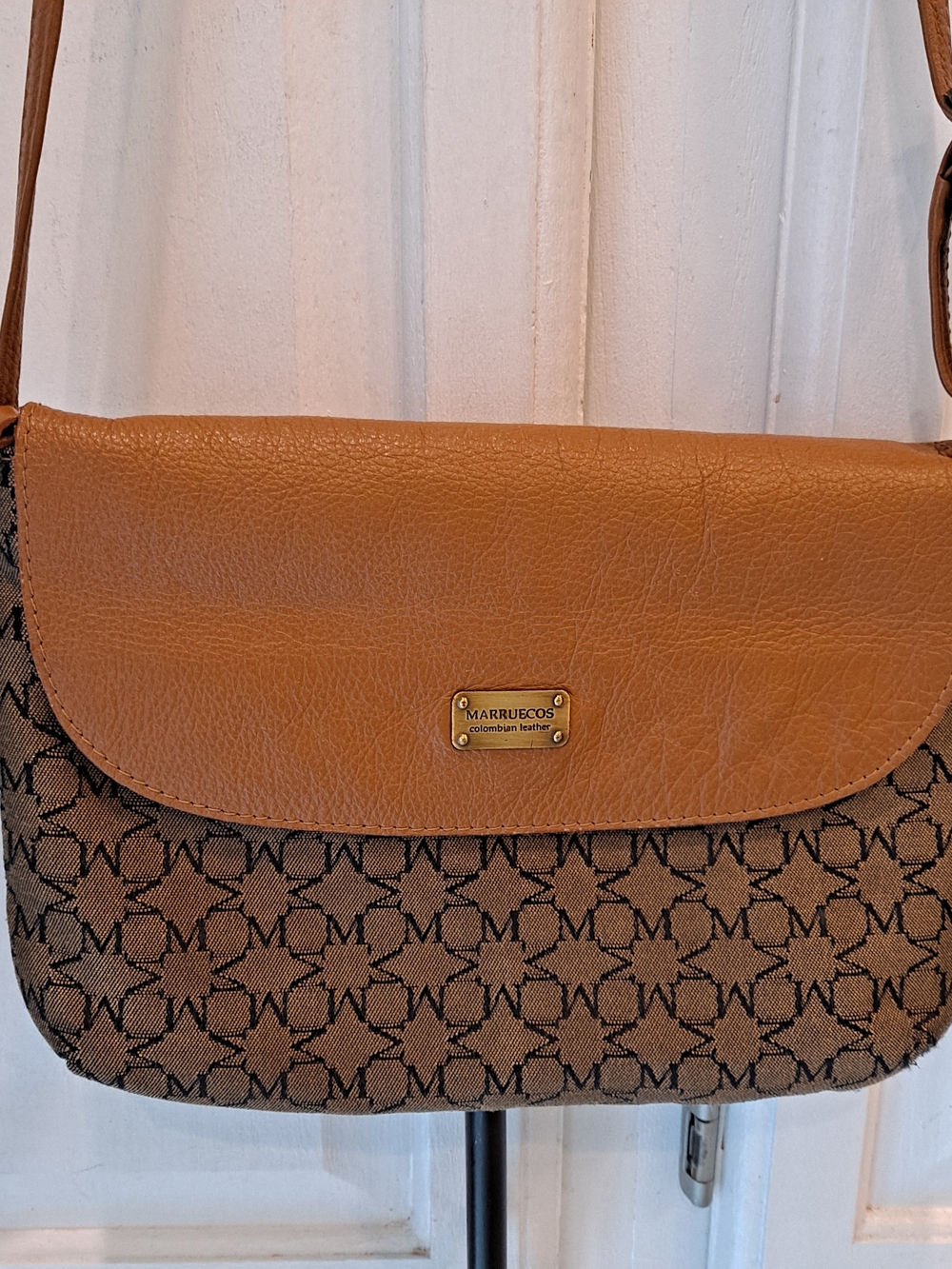 Marruecos Tan Leather-Trim Jacquard Canvas Logo Hobo Crossbody Bag